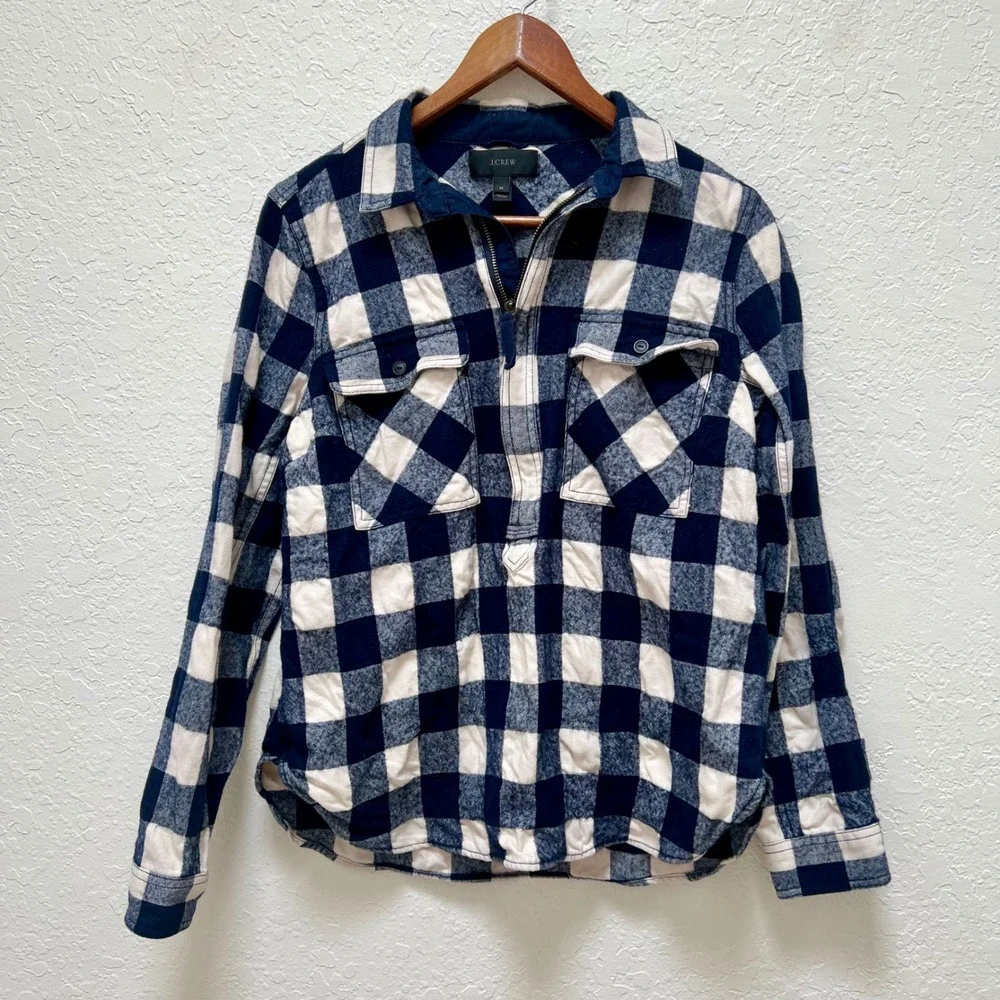 J.Crew‎ Womens Navy Blue Buffalo Plaid Cotton Wool Half Zip Pullover Top Medium
